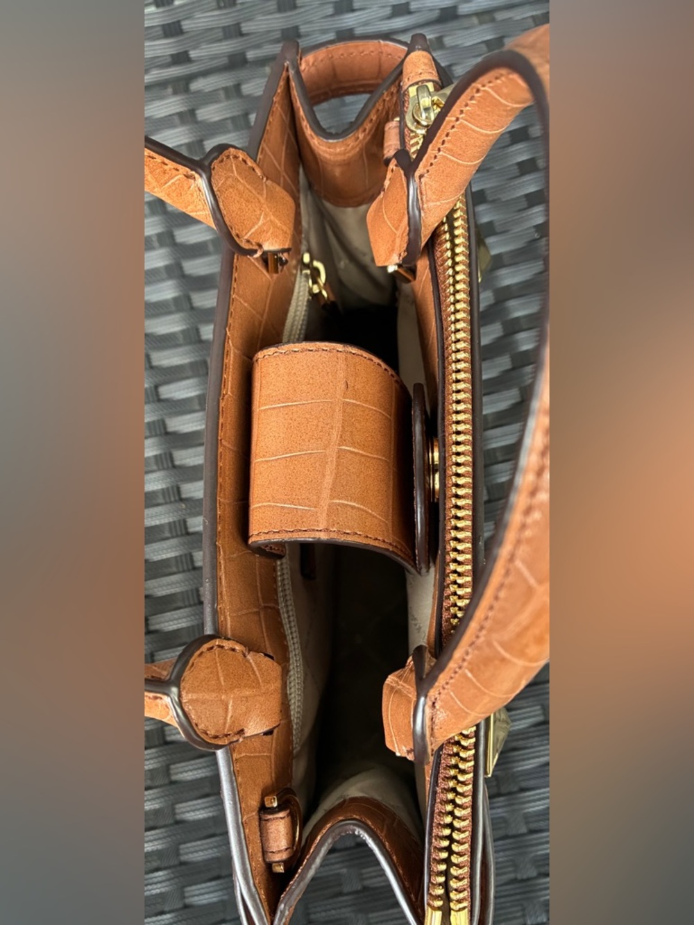 Michael Kors Cognac Croc-Embossed Top-Handle Satchel with Gold Hardware - Picture 8 of 11